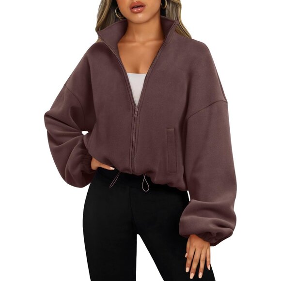 〽️Womens Brown AUTOMET Oversized Fleece Zip Up Sherpa Sweatshirt Fashion Jacket
